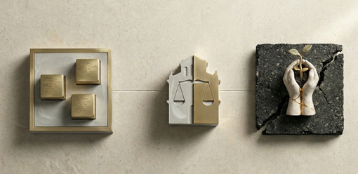 Un immagine-simbolo per ciascun mese: pietre d'inciampo per gennaio, la bilancia della Giustizia per febbraio e vite spezzate sulla strada per marzo