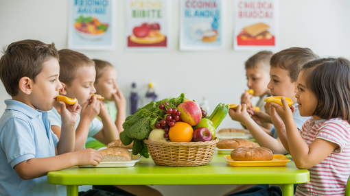 Bambini in una mensa con cibi sani Bambini in una mensa con cibi sani