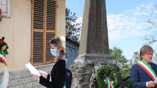 i sindaci Anna Macchia davanti alla lapide alla memoria di Luigi Capriolo e Gianluca Forno al monumento dei caduti