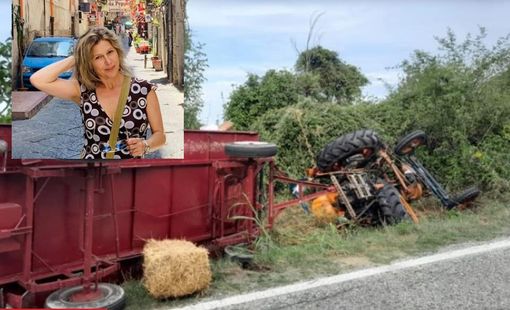 Il mezzo agricolo ribaltato dopo il grave incidente e, nel riquadro in alto a sinistra, la vittima