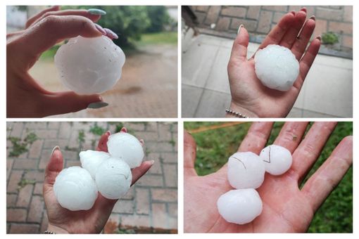 Un collage fotografico di grossi chicchi di grandine caduti in mattinata a Castelnuovo Don Bosco e a Cunico (immagini tratte dal canale telegram Dati Meteo Asti)