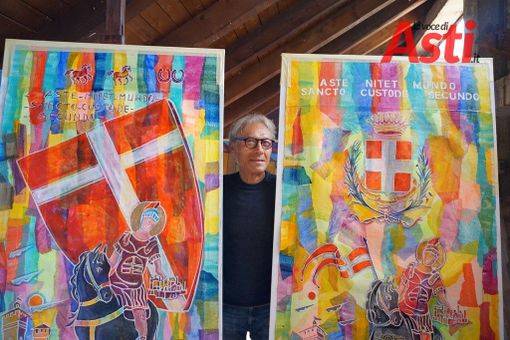 L'artista astigiano Filippo Pinsoglio, Maestro del Palio 2021, in cosa tra i due drappi da lui realizzati