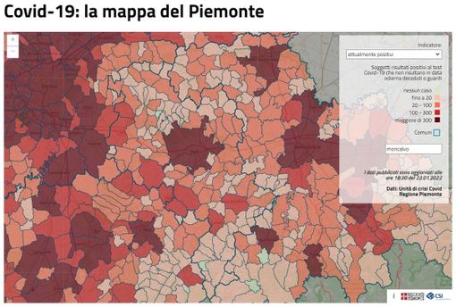 Uno stralcio della mappa interattiva Covid-19 pubblicata dalla Regione Piemonte Uno stralcio della mappa interattiva Covid-19 pubblicata dalla Regione Piemonte