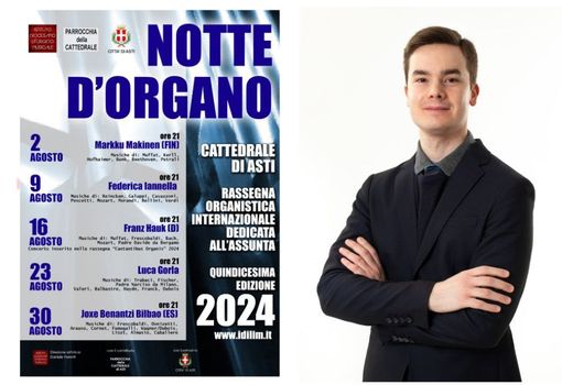 Collage tra la locandina della serata e l'organista Luca Gorla