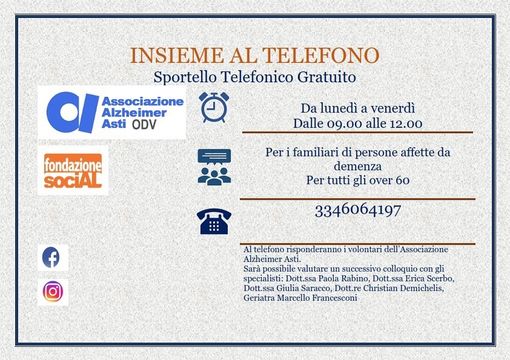 L’Associazione Alzheimer Asti ha attivato uno sportello telefonico di supporto