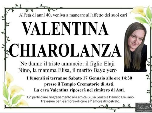 Asti in lutto per la scomparsa della 40enne Valentina Chiarolanza