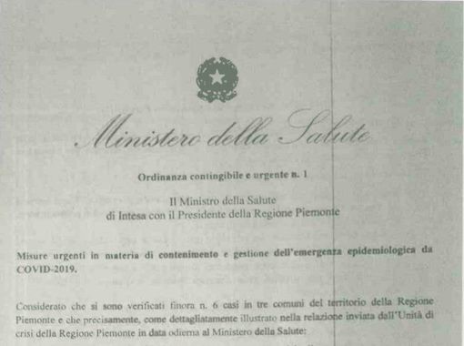 Coronavirus, ecco il testo integrale dell’ordinanza firmata dal ministro Speranza e dal presidente Cirio