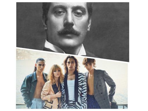 Montaggio fotografico tra Giacomo Puccini e i Maneskin