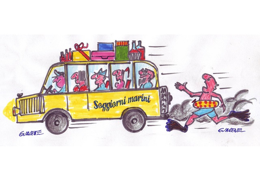 Una vignetta realizzata dal compianto architetto Antonio Guarene per promuovere i soggiorni marini