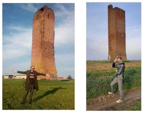 Due immagini del candidato sindaco di fronte alle Torri Due immagini del candidato sindaco di fronte alle Torri