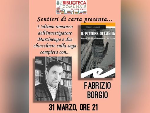 La locandina della presentazione letteraria presso la Biblioteca di Isola d'Asti