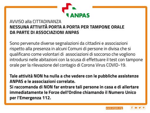 Dopo la Croce Rossa, anche l'appello dell'ANPAS e della Croce Verde di Asti&quot;Nessuna attività porta a porta&quot;
