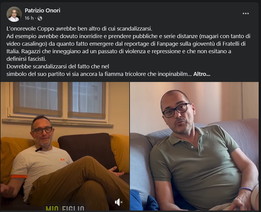 Onori replica a Coppo: &quot;Dovrebbe scandalizzarsi per le 'nostalgie fasciste' nel suo partito, altro che per un bacio gay in un cartone animato&quot; [VIDEO]