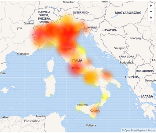 La mappa delle aree in cui si sono registrati i maggiori disagi (tratta dal sito www.downdetector.it/)