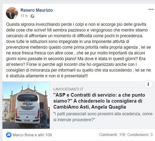 Durissima risposta ‘social’ del sindaco Rasero a una nota su Asp della consigliera Quaglia