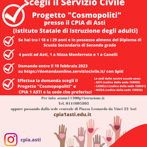 Servizio civile: al Cpia il progetto &quot;Cosmopoliti&quot;. Proroga al 20 febbraio per fare domanda