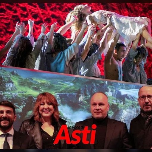Collage tra un'immagine di scena dello spettacolo e una foto (ph. Merfephoto) della conferenza stampa di presentazione dell'evento musicale