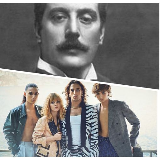 Montaggio fotografico tra Giacomo Puccini e i Maneskin