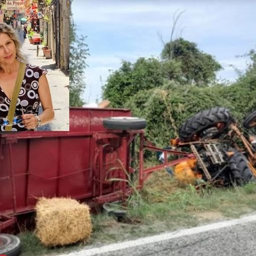 Il mezzo agricolo ribaltato dopo il grave incidente e, nel riquadro in alto a sinistra, la vittima