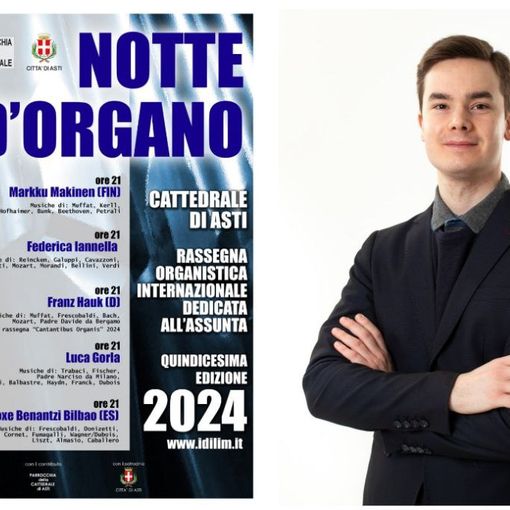 Collage tra la locandina della serata e l'organista Luca Gorla