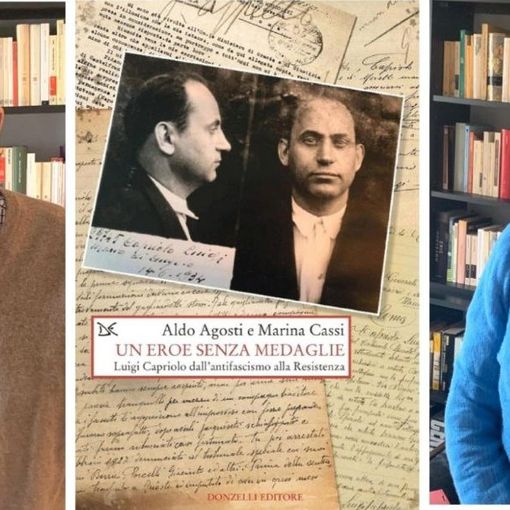Aldo Agosti e Marina Cassi in un collage fotografico con la copertina del loro libro dedicato a Capriolo