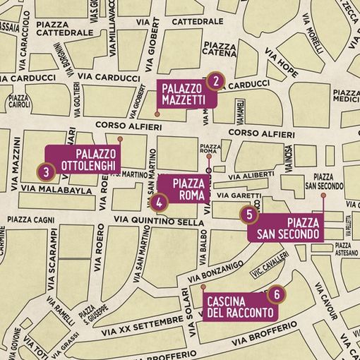 La mappa del centro storico di Asti con indicate le aree coinvolte nella manifestazione