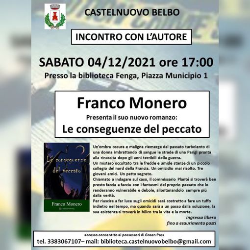 A Castelnuovo Belbo, Franco Monero presenta i suo romanzo 'Le conseguenze del peccato'