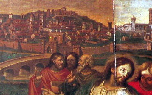 Dipinto &quot;Cristo e gli Apostoli sulla riva del Borbore&quot;, che offre una visione dell'antica Asti