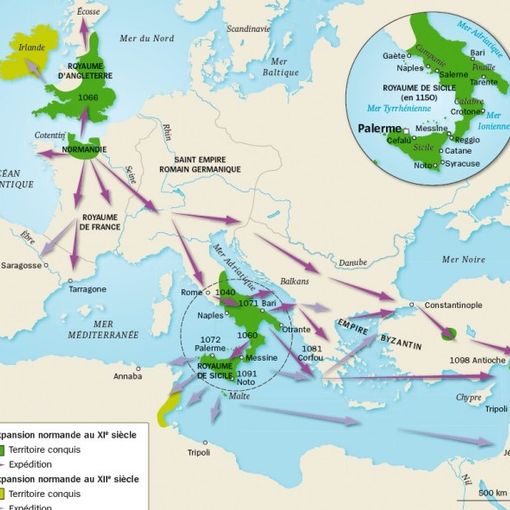Aree evidenziate in verde, espansione normanna a partire dal XI secolo (credit l’histoire.fr)
