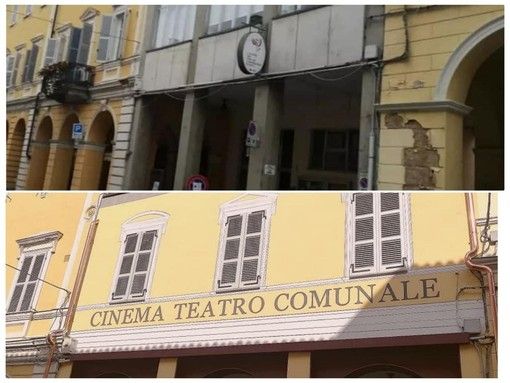 Il raffronto della facciata del cinema-teatro di Costigliole d'Asti prima e dopo il restauro
