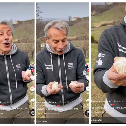 Collage di immagini tratte dal video in cui Giovanni Storti invita a rispettare la natura e mostra due reperti fossili risalenti all'epoca del 'mare Padano'