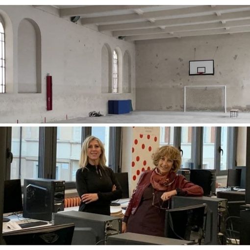 Collage fotografico tra la palestra di via De Amicis e il nuovo laboratorio di informatica del Liceo Artistico