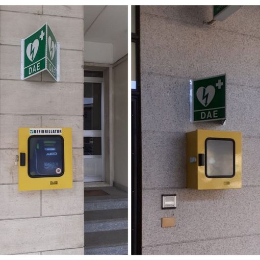 I defibrillatori installati di fronte alla farmacia e all'Ufficio Postale del paese