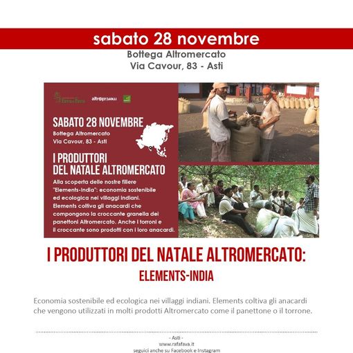 Alla Bottega Rava e Fava di via Cavour ad Asti, giornata dedicata ad Elements, nel Kerala per sviluppare economia sostenibile