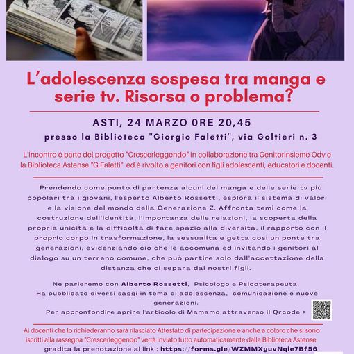 Venerdì 24 marzo alla Biblioteca Astense l'incontro &quot;L’adolescenza sospesa tra manga e serie tv. Risorsa o problema?&quot;