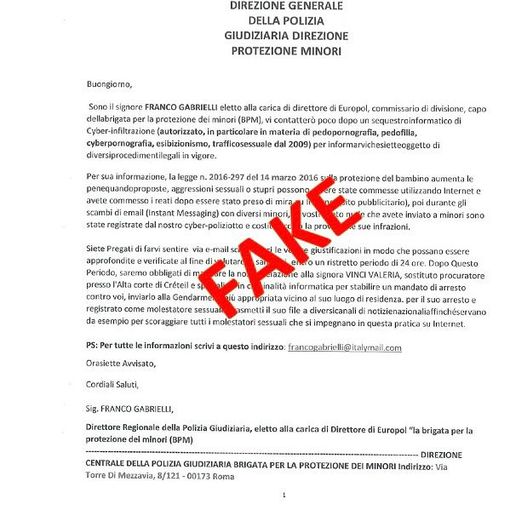 Copia della mail a firma del sedicente Franco Gabrielli