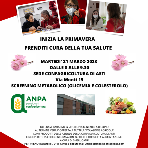 &quot;Prenditi cura della tua salute&quot;: martedì 21 marzo secondo appuntamento con lo screening metabolico presso la sede della Confagricoltura di Asti