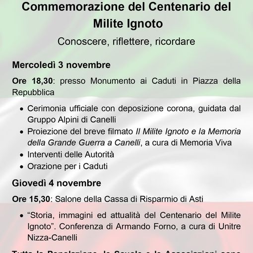 La locandina con il programma delle commemorazioni canellesi per il centenario del Milite Ignoto