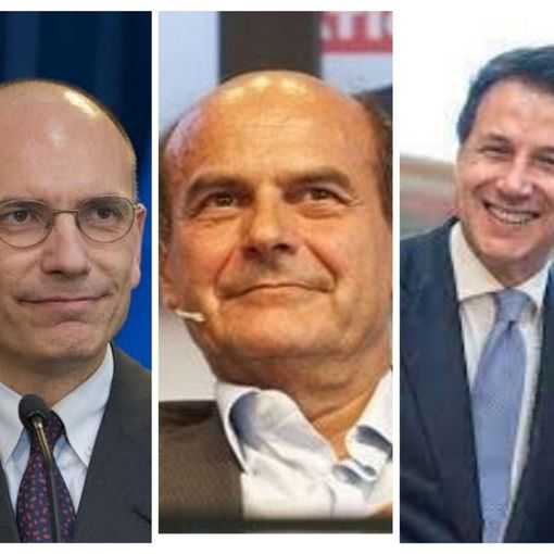 Nel montaggio fotografico, da sinistra a destra, Enrico Letta, Pierluigi Bersani e Giuseppe Conte