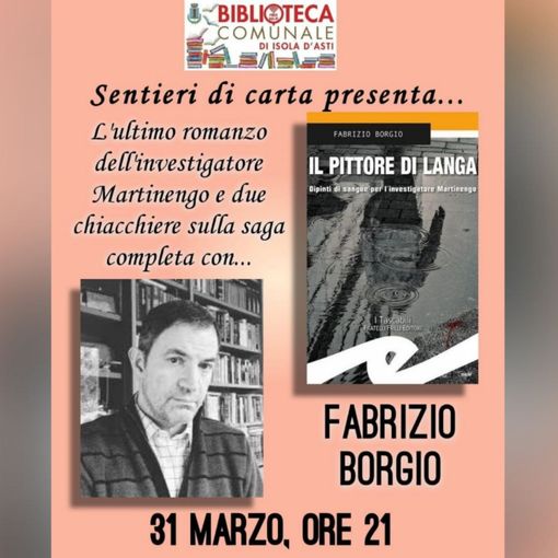 La locandina della presentazione letteraria presso la Biblioteca di Isola d'Asti