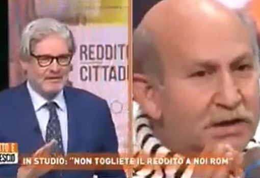 Paolo Del Debbio, conduttore della trasmissione, e Favil Seferovic in un fermo immagine tratto dalla trasmissione “Diritto e Rovescio”