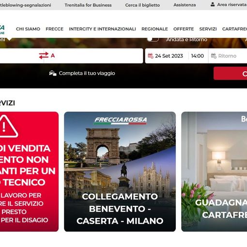 L'avviso che campeggia da ore sull'home page del sito di Trenitalia