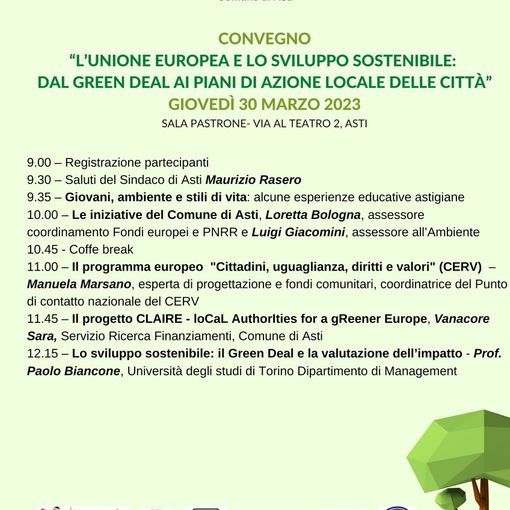 Progetto Claire: il 30 marzo ad Asti il convegno &quot;L'Unione Europea e lo sviluppo sostenibile: dal Green Deal ai piani di azione locale delle città”