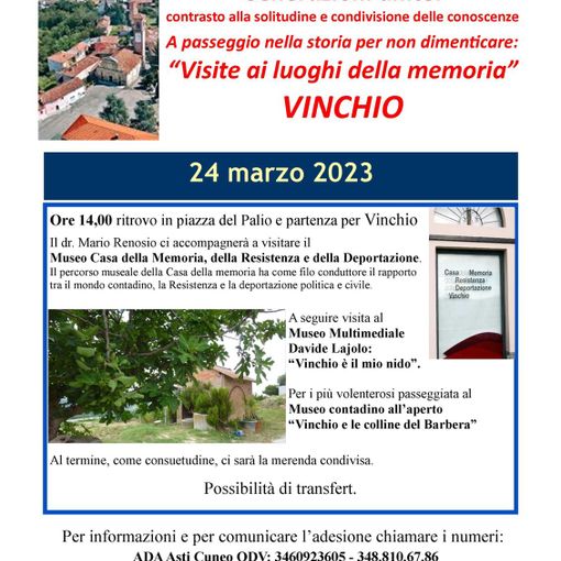 Il 24 marzo a Vinchio nuovo appuntamento con Ada, &quot;a passeggio nella storia&quot;