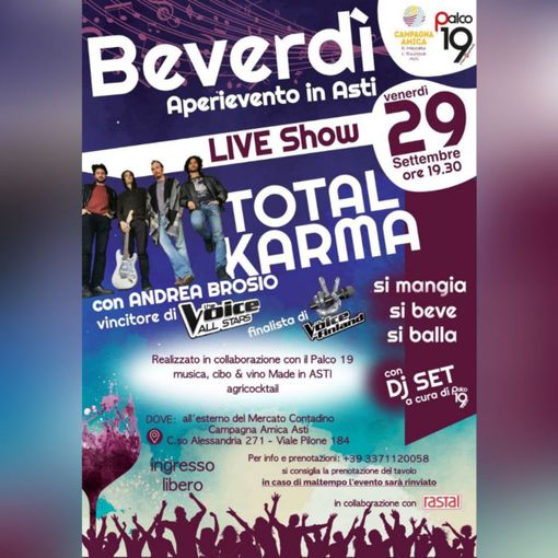 Ultimo Beverdì della stagione con Palco19 al Mercato contadino di Asti con Total Karma con Andrea Brosio e Dj set