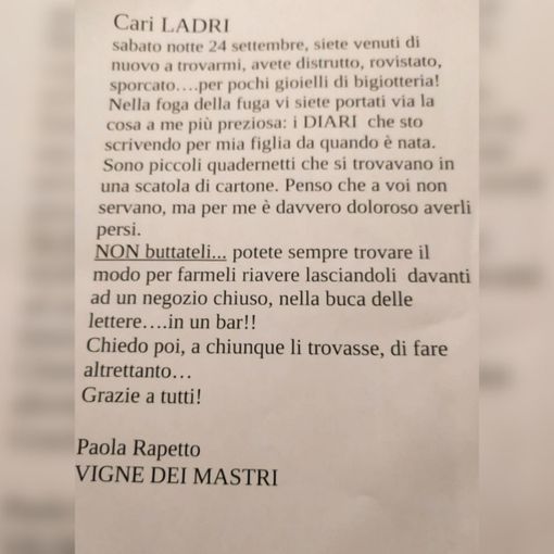 &quot;I ladri mi hanno portato via ciò che avevo di più caro: i diari con la vita di mia figlia da quando è nata&quot;
