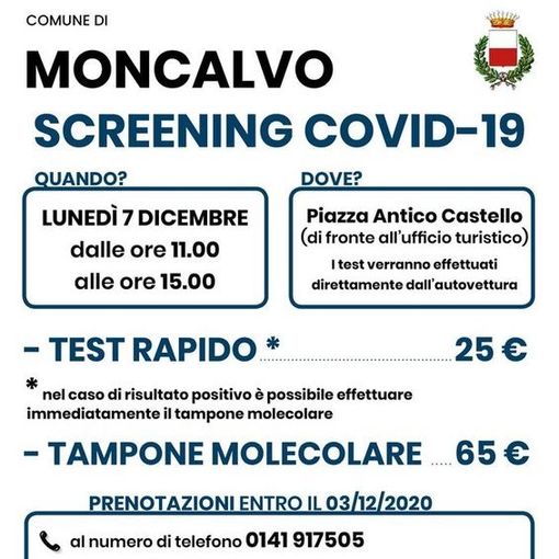 A Moncalvo, lunedì 7 dicembre si effettueranno i test rapidi in modalità drive-through [VIDEO]