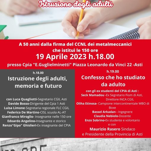 Il 19 aprile il Cpia di Asti festeggerà i 50 anni del sistema delle 150 ore