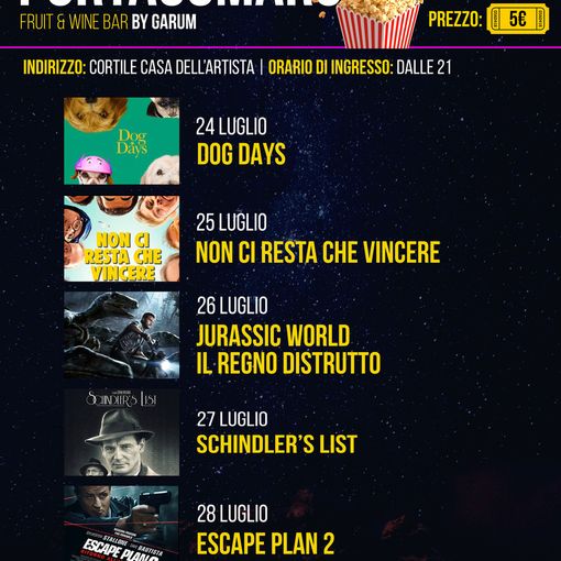 L’Arena estiva portacomarese proporrà venti appuntamenti con il grande cinema