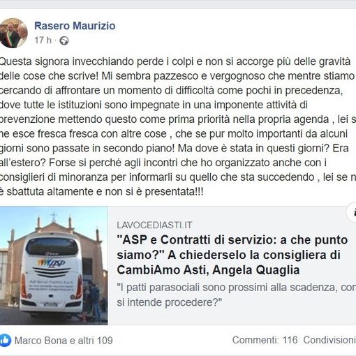 Durissima risposta ‘social’ del sindaco Rasero a una nota su Asp della consigliera Quaglia